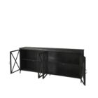 Black metal sideboard with four glass-front doors featuring X-cross detailing and slim tapered legs.