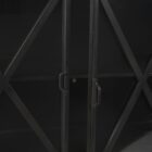 Black metal sideboard with four glass-front doors featuring X-cross detailing and slim tapered legs.