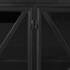 Black metal sideboard with four glass-front doors featuring X-cross detailing and slim tapered legs.