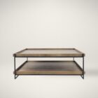 Rectangular two-tier wood coffee table with raised tray edges and a slim black metal frame.