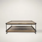 Rectangular two-tier wood coffee table with raised tray edges and a slim black metal frame.