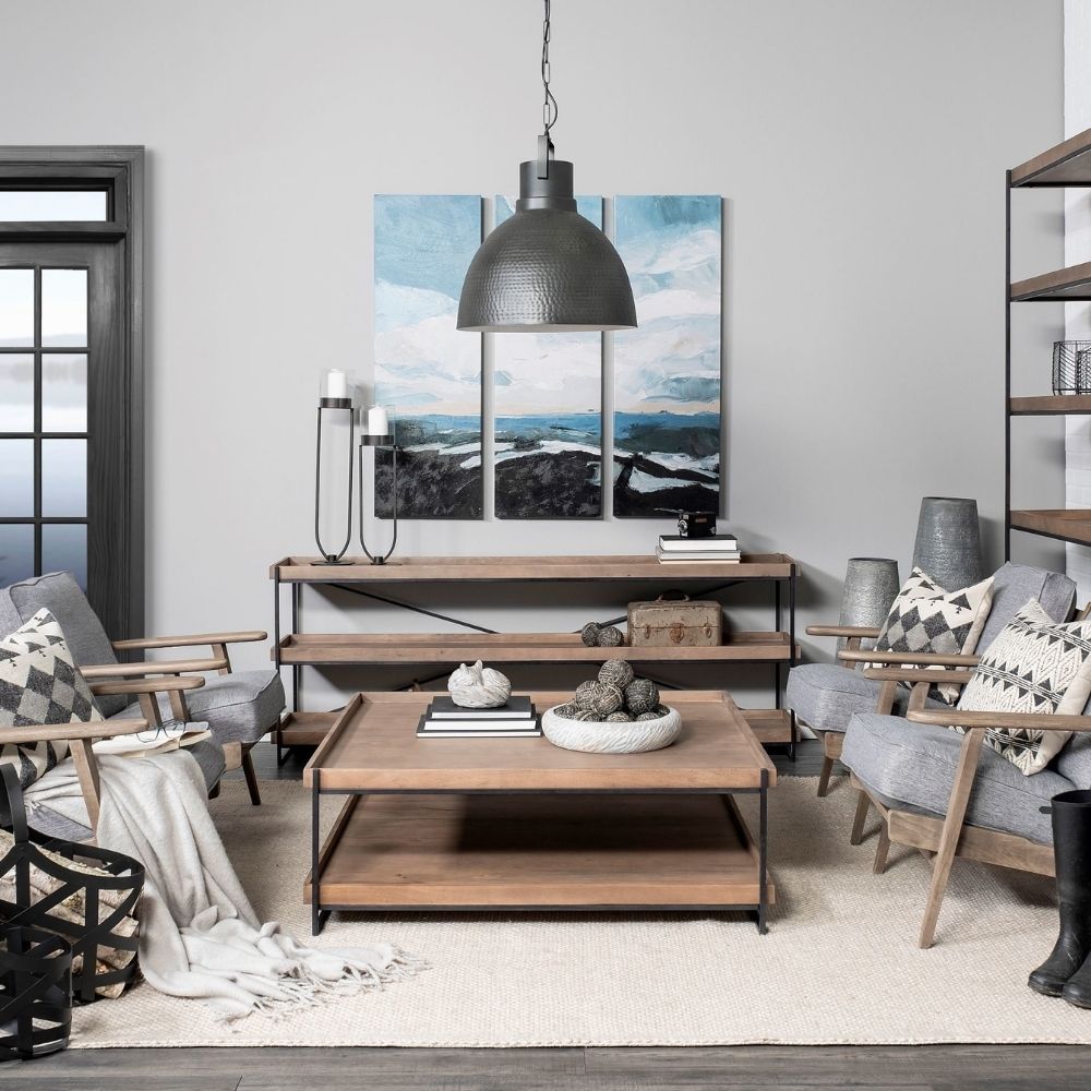 Rectangular two-tier wood coffee table with raised tray edges and a slim black metal frame.