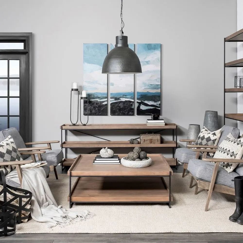 Rectangular two-tier wood coffee table with raised tray edges and a slim black metal frame.