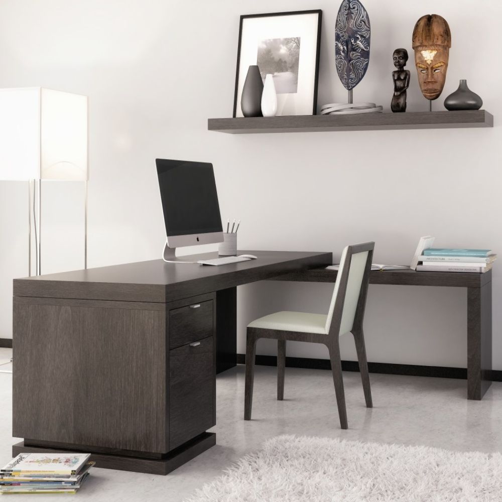 Dark wood L-shaped executive desk with integrated drawers and return credenza.