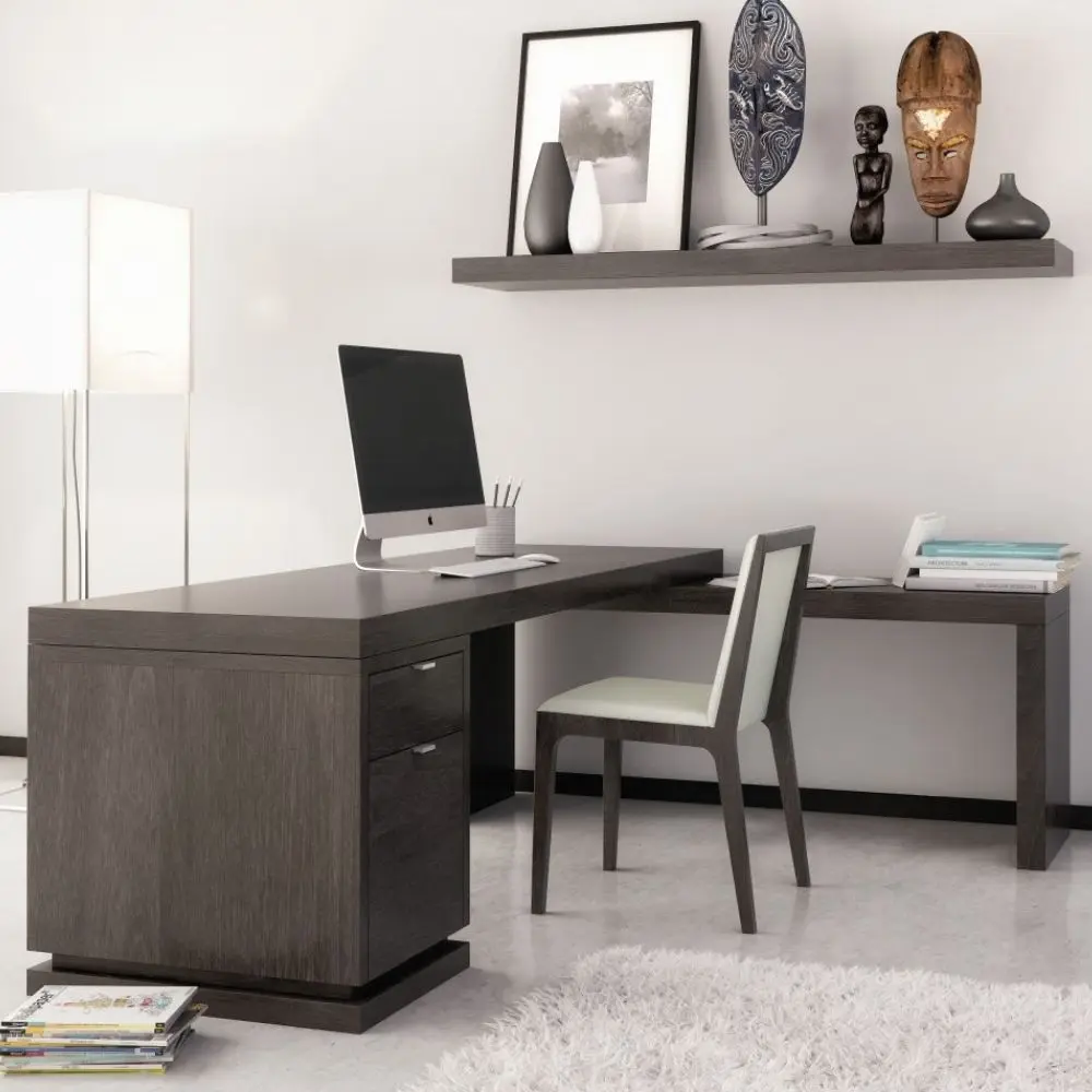Dark wood L-shaped executive desk with integrated drawers and return credenza.