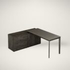 L-shaped modern desk in charcoal wood finish with a floating black surface and integrated storage drawers.