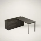 L-shaped modern desk in charcoal wood finish with a floating black surface and integrated storage drawers.