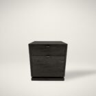 Modern dark wood filing cabinet with two drawers and brushed metal handles.