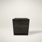 Modern dark wood filing cabinet with two drawers and brushed metal handles.