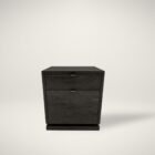 Modern dark wood filing cabinet with two drawers and brushed metal handles.