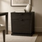 Modern dark wood filing cabinet with two drawers and brushed metal handles.