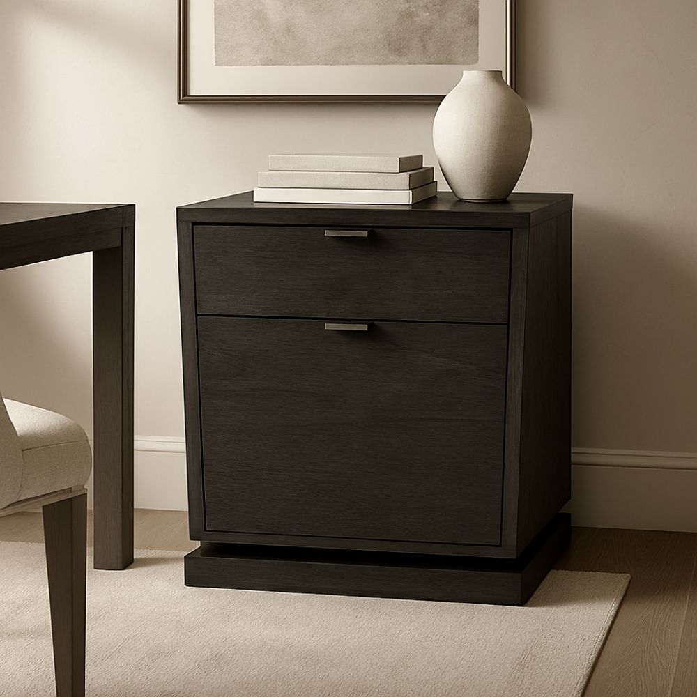 Modern dark wood filing cabinet with two drawers and brushed metal handles.