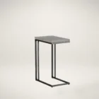 Modern white C-shaped end table with a thin metal base in a bronze finish and a sleek white top.