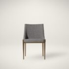A contemporary dining chair with a curved high backrest and sleek, tailored lines in textured grey upholstery over a taupe wood frame.