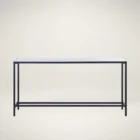 Slim black metal console table with a clean mirrored top and minimalist frame.