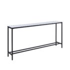 Slim black metal console table with a clean mirrored top and minimalist frame.