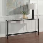 Slim black metal console table with a clean mirrored top and minimalist frame.