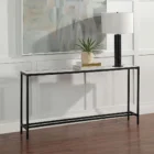 Slim black metal console table with a clean mirrored top and minimalist frame.