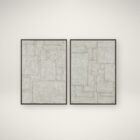 A contemporary diptych artwork featuring geometric block patterns in a neutral, textured palette, framed in sleek black frames against a soft background.
