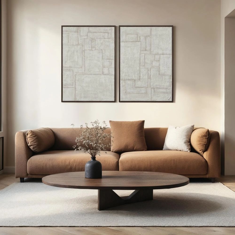 A contemporary diptych artwork featuring geometric block patterns in a neutral, textured palette, framed in sleek black frames against a soft background.