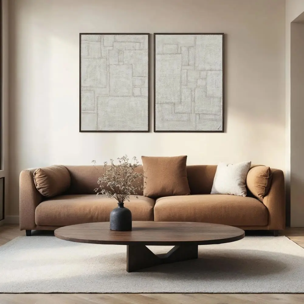 A contemporary diptych artwork featuring geometric block patterns in a neutral, textured palette, framed in sleek black frames against a soft background.