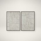 A contemporary diptych artwork featuring geometric block patterns in a neutral, textured palette, framed in sleek black frames against a soft background.