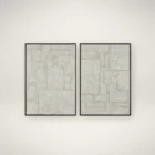 A contemporary diptych artwork featuring geometric block patterns in a neutral, textured palette, framed in sleek black frames against a soft background.