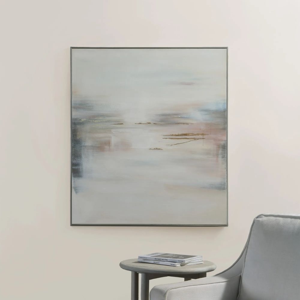 Abstract wall art featuring soft, blended pastel hues of cream, blush, gold, and muted blue with hand-painted texture and subtle metallic accents.