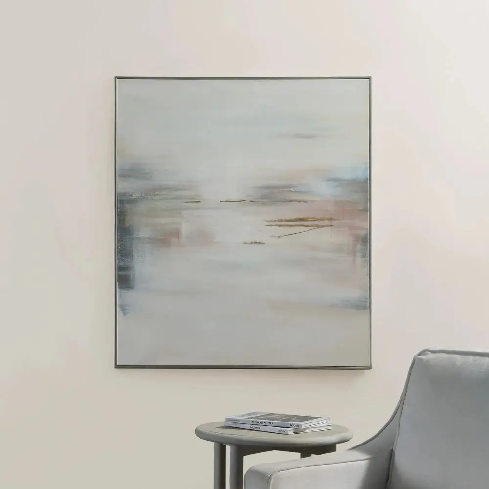 Abstract wall art featuring soft, blended pastel hues of cream, blush, gold, and muted blue with hand-painted texture and subtle metallic accents.