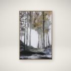 Framed wall art depicting a moody forest landscape in muted tones of green, grey, and white with a reflective water foreground.