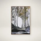 Framed wall art depicting a moody forest landscape in muted tones of green, grey, and white with a reflective water foreground.