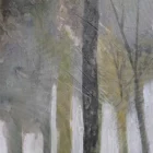 Framed wall art depicting a moody forest landscape in muted tones of green, grey, and white with a reflective water foreground.