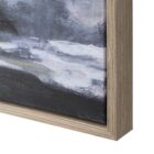 Framed wall art depicting a moody forest landscape in muted tones of green, grey, and white with a reflective water foreground.