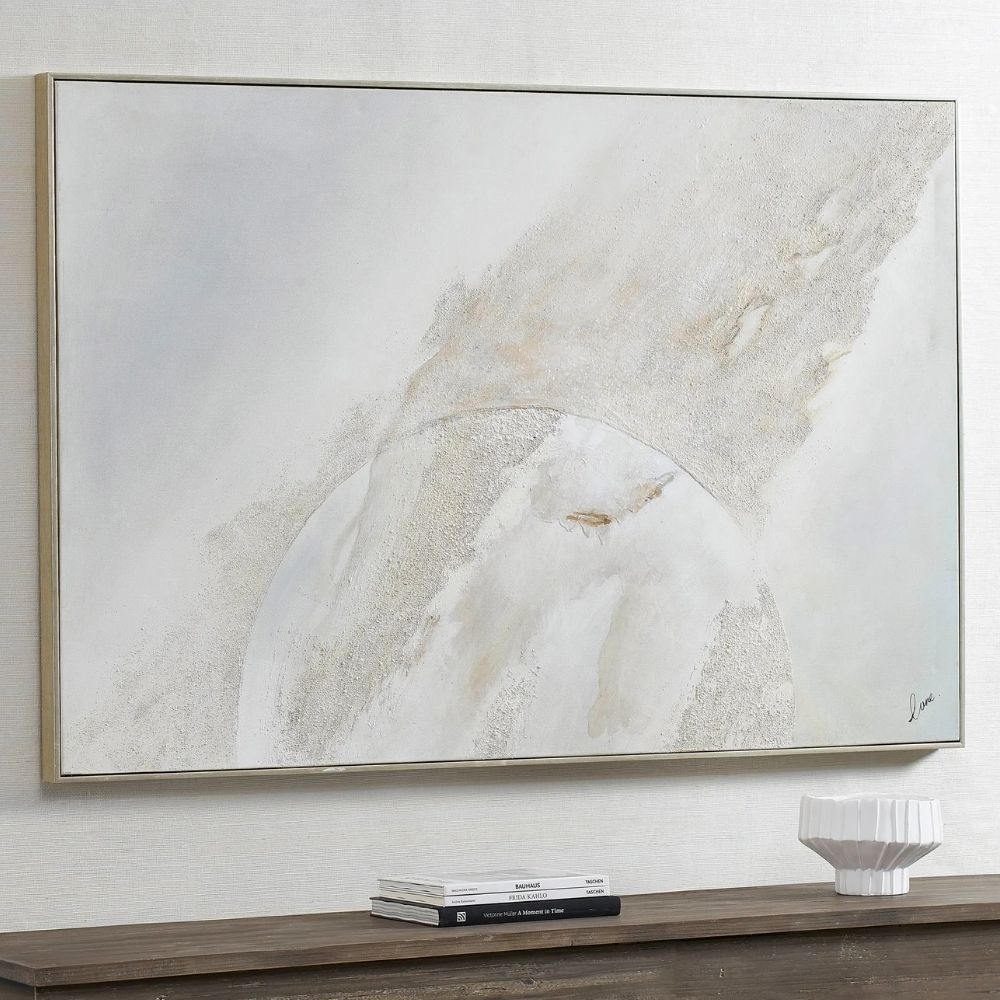 Abstract textured wall art in soft neutral tones with white, cream, and subtle grey hues, featuring raised detailing for depth and dimension.