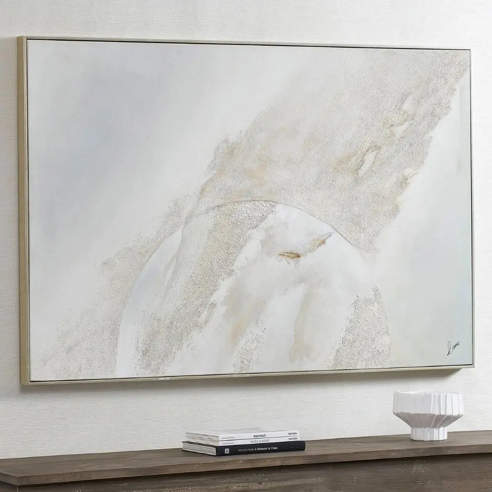 Abstract textured wall art in soft neutral tones with white, cream, and subtle grey hues, featuring raised detailing for depth and dimension.