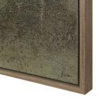 Framed textured canvas artwork depicting a misty forest scene in deep olive and earthy green tones.