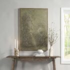 Framed textured canvas artwork depicting a misty forest scene in deep olive and earthy green tones.