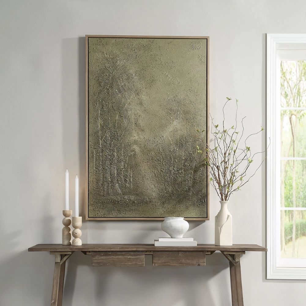 Framed textured canvas artwork depicting a misty forest scene in deep olive and earthy green tones.
