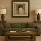 Contemporary deep-seat sofa in earthy olive-brown upholstery with wide arms and four plush back cushions.