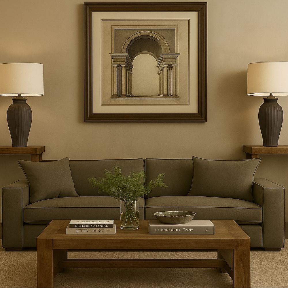 Contemporary deep-seat sofa in earthy olive-brown upholstery with wide arms and four plush back cushions.