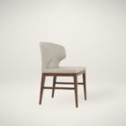 Amed Stretcher Dining Chair featuring a curved cream upholstered backrest and walnut wood frame with horizontal stretcher support.