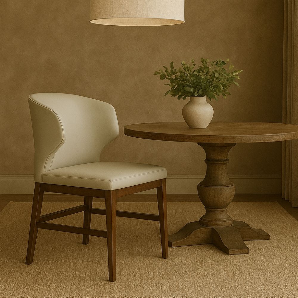 Amed Stretcher Dining Chair featuring a curved cream upholstered backrest and walnut wood frame with horizontal stretcher support.