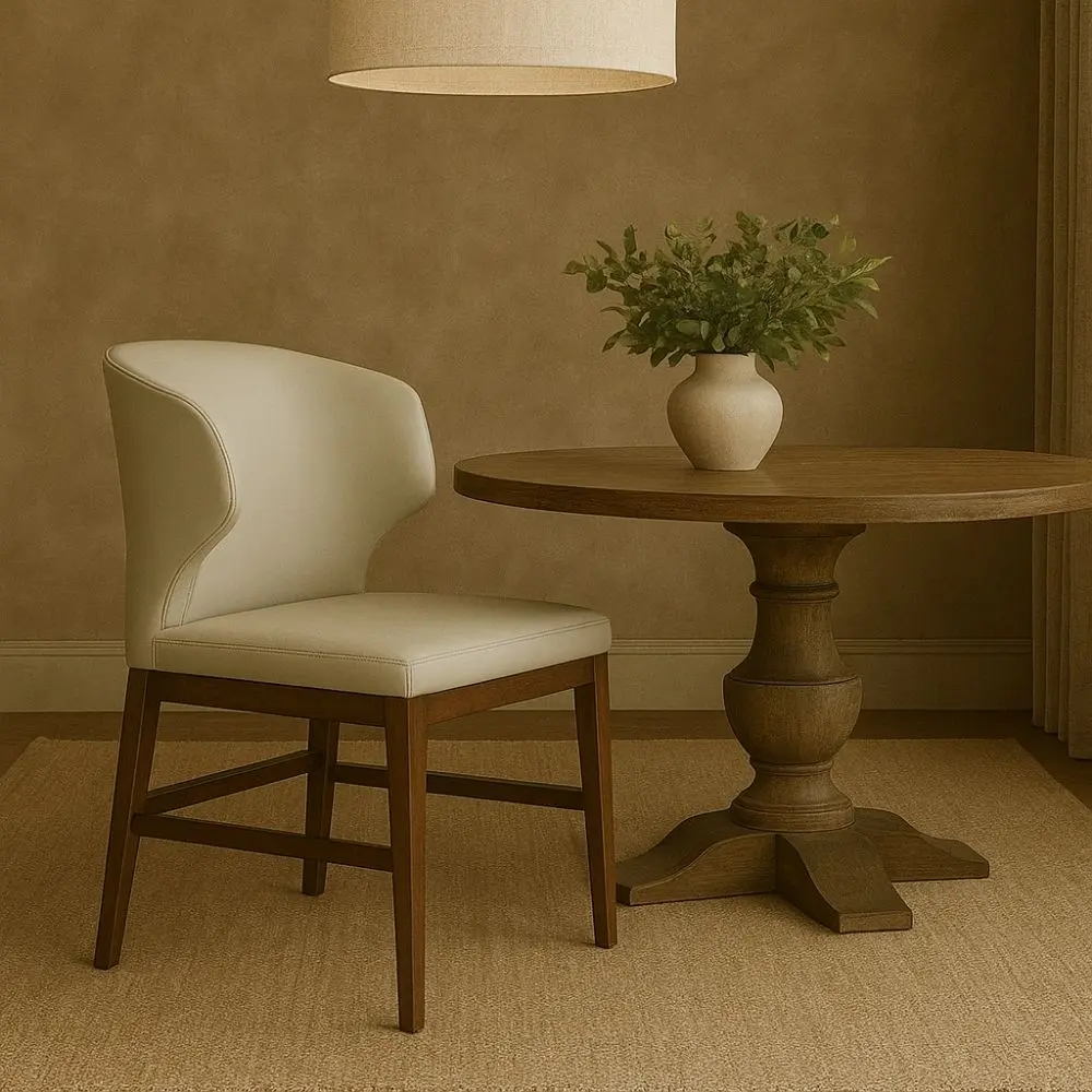 Amed Stretcher Dining Chair featuring a curved cream upholstered backrest and walnut wood frame with horizontal stretcher support.