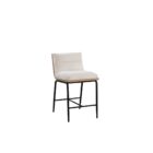A modern upholstered counter stool with a soft cream fabric seat and backrest, wooden trim, and sleek black metal legs.