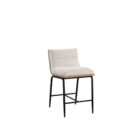 A modern upholstered counter stool with a soft cream fabric seat and backrest, wooden trim, and sleek black metal legs.