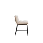 A modern upholstered counter stool with a soft cream fabric seat and backrest, wooden trim, and sleek black metal legs.