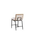 A modern upholstered counter stool with a soft cream fabric seat and backrest, wooden trim, and sleek black metal legs.