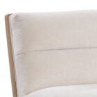 A modern upholstered counter stool with a soft cream fabric seat and backrest, wooden trim, and sleek black metal legs.