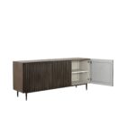 Large dark wood sideboard with vertical fluted front detailing and slim black legs, styled in a minimalist aesthetic.