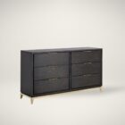 Dark wood dresser with six drawers, slim gold handles, and tapered gold legs.